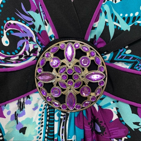 Rare Vintage Y2K Blue & Purple Paisley Floral V-Neck Dress Metal Jewel Waist - Picture 3 of 13